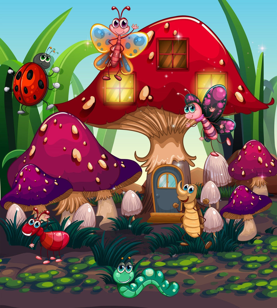 A bright nursery features the Colorful Critter Cottage Wall Mural of a whimsical mushroom house with cartoon insects behind the crib, plus a wardrobe, changing basket, rocking horse, rainbow stacker, and sunlit curtains at the window.