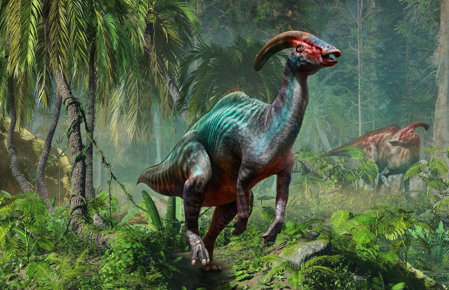 The Colorful Dinosaurs in Forest Wall Mural features a bright Parasaurolophus with a long crest standing in a vibrant prehistoric jungle—removable wallpaper that brings ancient life to any room.