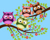 The Nursery 20 Wall Mural by Deposit Photo features four colorful cartoon owls in purple, pink, green, and brown perched on a leafy branch with red flowers against a blue sky. With their large eyes and playful charm, these whimsical peel-and-stick murals brighten any room.