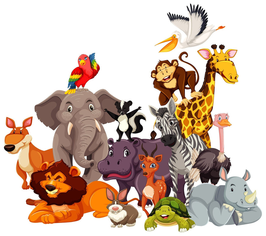 A cozy nursery features the Colorful Safari Crew Wall Mural with cartoon jungle animals. A crib, toys, round mirror, and soft rug accent the wooden floors and large windows for a playful yet serene space.