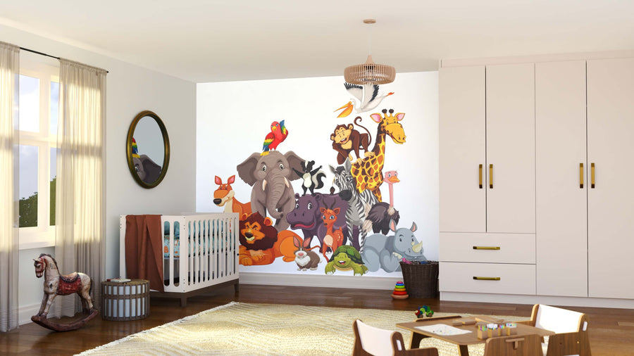 A cozy nursery features the Colorful Safari Crew Wall Mural with cartoon jungle animals. A crib, toys, round mirror, and soft rug accent the wooden floors and large windows for a playful yet serene space.