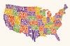 The Map 12 Wall Mural is a vibrant USA map with each state in bold letters and bright colors. "TEXAS" stands out extra large in the south-central area, perfect as a custom printed or peel and stick wall mural.
