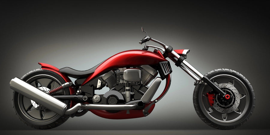 A clean garage with cabinets and tools on the left, a Concept Motorcycle Wall Mural of a red bike on the wall, and a real custom motorcycle parked on the right. Sunlight from the open door illuminates green plants outside.