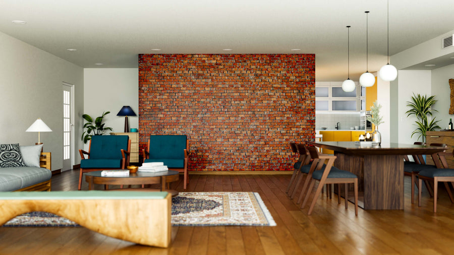 A modern living and dining area features a Concrete Brick Texture Wall Mural, wooden floor, blue armchairs, gray sofa, coffee table, large dining set, pendant lights, indoor plants, and rugs for a cozy and stylish atmosphere.