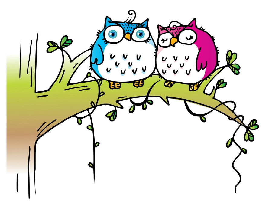 A nursery features a crib, dresser, plant, and the Couple Owl Wall Mural with two cartoon owls—blue and pink—on a tree branch. Removable wallpaper adds charm, while shelves above the dark wood floor display books and decor beside a green plush toy.