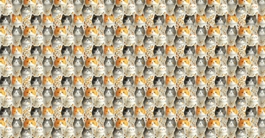 A nursery with a white crib, green armchair holding a teddy bear, and a shelf. The Cozy Cat Cuddles Wall Mural in orange, gray, and white decorates the back wall. Soft light enters through a window onto a warm patterned rug.