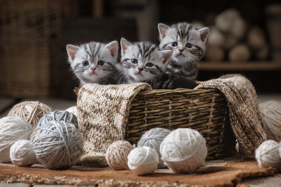 A cozy nursery with a crib, rocking horse, and toys features the Curious Tabby Trio Wall Mural showing three gray tabby kittens in a basket with yarn. Sunlight streams onto light wood floors, a soft rug, and white furniture with gold handles.