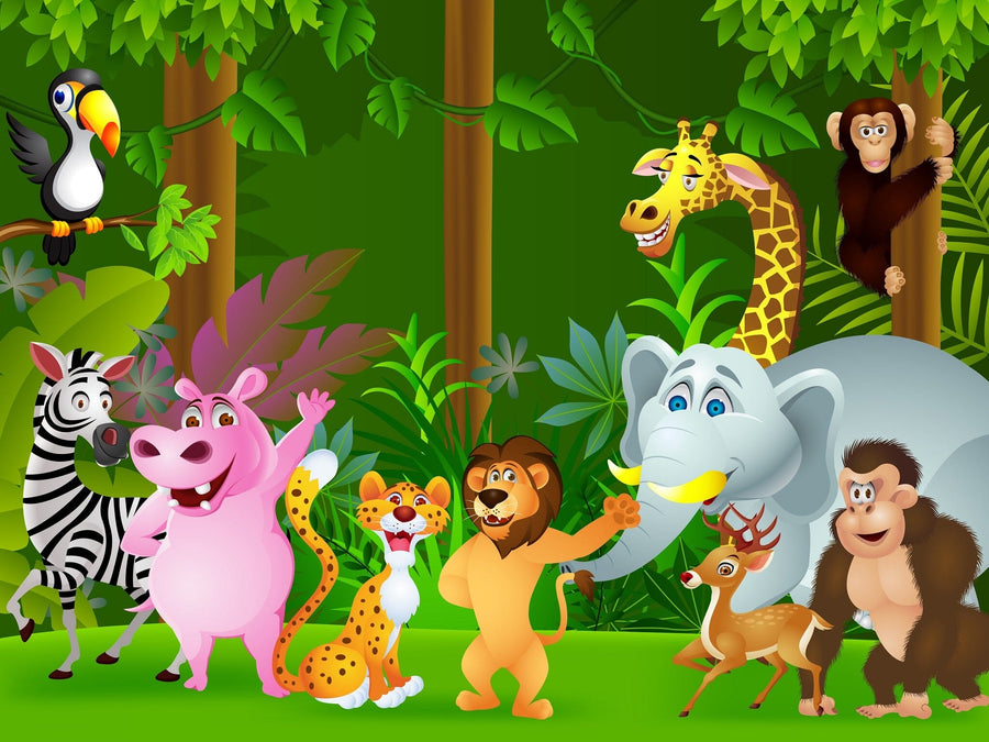 A nursery with a white crib, dresser, and plants features the Cute Animal Collection Wall Mural—removable wallpaper with cartoon jungle animals like giraffe, elephant, zebra, and monkey—for a playful touch.