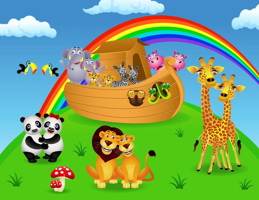 A bright nursery with a crib and rocking horse showcases the Cute Animals Wall Mural, featuring smiling animals, a rainbow, blue sky, and green hills—creating a cheerful atmosphere that's easy to refresh with peel and stick convenience.