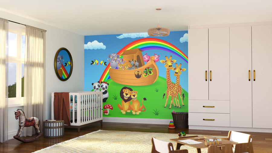 A bright nursery with a crib and rocking horse showcases the Cute Animals Wall Mural, featuring smiling animals, a rainbow, blue sky, and green hills—creating a cheerful atmosphere that's easy to refresh with peel and stick convenience.