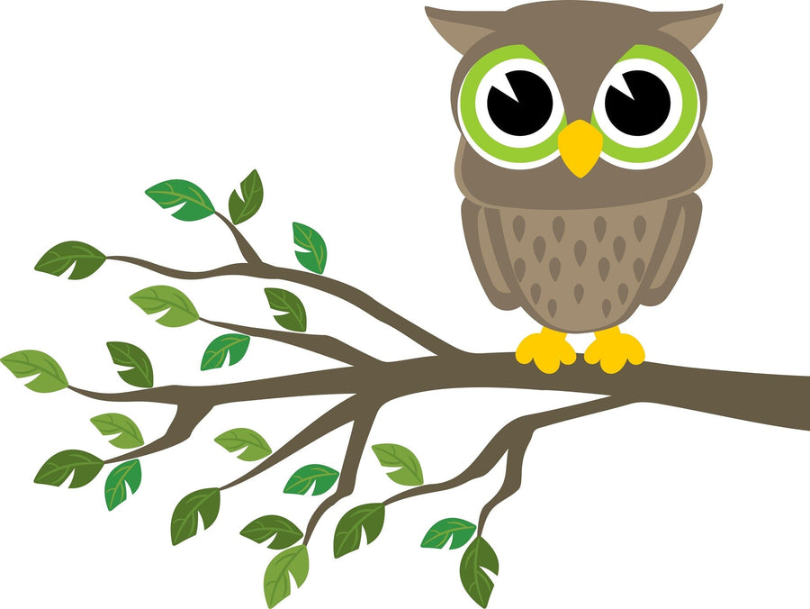 A modern nursery has a crib on the left, a Cute Baby Owl Wall Mural on a tree branch, a white dresser with toys and plants, framed photos above, and a wooden floor with a green plush turtle toy in the corner.