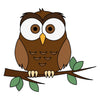 The "Cute Brown Owl Wall Mural" features a cartoon owl with large eyes, yellow beak, folded wings, and head tufts perched on a leafy branch against a white background, perfect for peel and stick application.