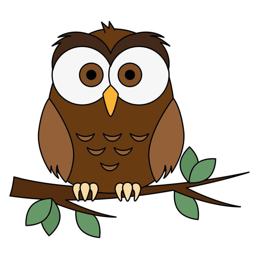 A nursery room with a white crib, dresser, shelves with decor, and the Cute Brown Owl Wall Mural depicting a cartoon owl on a branch. The space features light walls, wooden floors, a gray rug, green plant, and framed photos above the dresser.