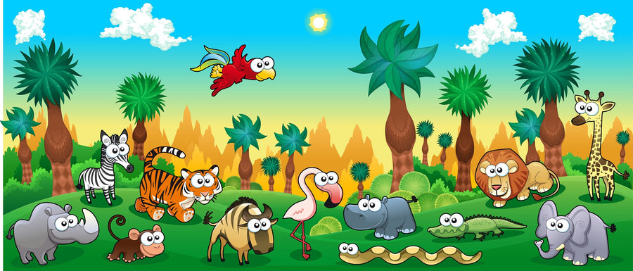 A bright nursery with a large window, crib, and rocking horse. The wall features the Cute Wildlife Animals Wall Mural, displaying jungle animals against a sunset sky. Blocks and toys are scattered across the floor.