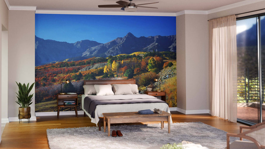 A cozy bedroom with wood floors features a bed, bench, and plants. The back wall showcases the Dallas Divide Mountain Pass Wall Mural, depicting colorful autumn trees and mountains, adding warmth as sunlight streams through sheer curtains.