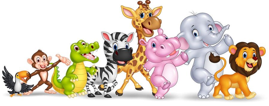 A bright nursery features a white crib, animal decals, a dresser, houseplants, rug, and floating shelves for toys and photos. The Dancing Safari Friends Wall Mural adds playful charm to the light walls and wooden flooring.