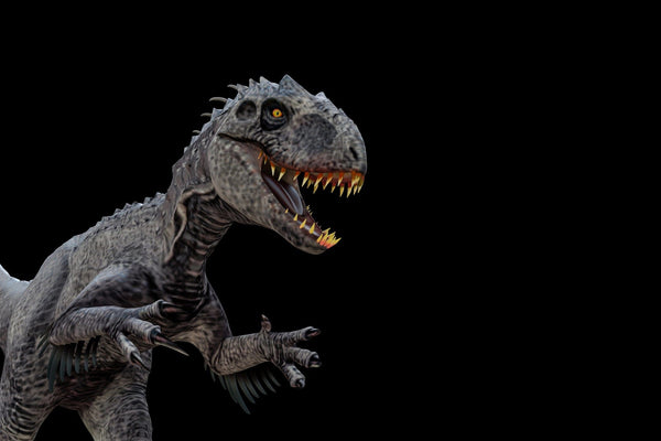 The Dark Raptor Wall Mural features a digital dinosaur with scaly gray skin, sharp teeth, yellow eyes, and back ridges against a black background. It stands upright, mouth open and claws raised, creating a fierce and menacing presence.