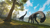 Bring ancient landscapes to your space with the Dawn of the Dinosaurs Wall Mural. This peel and stick, removable wallpaper features two large dinosaurs roaming a sunlit prehistoric forest near a river. Easy to apply and perfect for any room.
