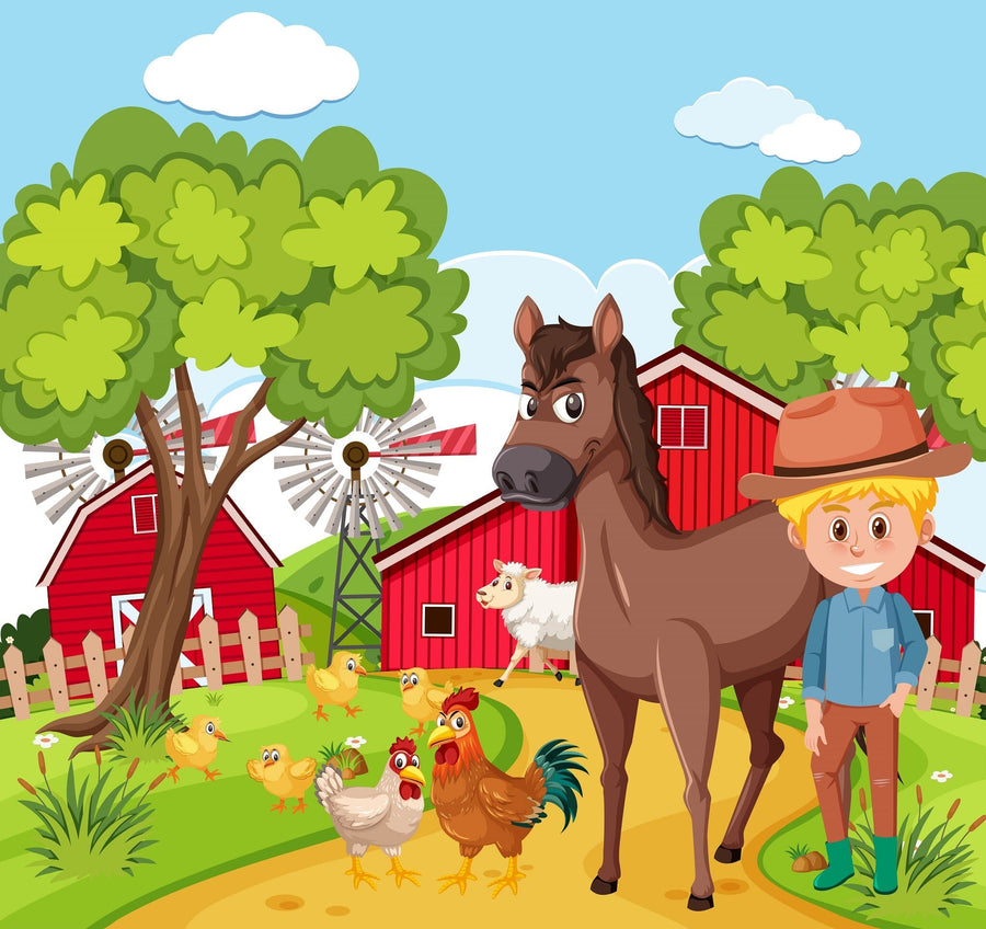 A nursery features the "Day on the Farm Wall Mural" with a cartoon boy, brown horse, chickens, and red barns. The room includes a crib, wicker basket, rocking horse, toys, white wardrobe, curtains, and a round mirror.
