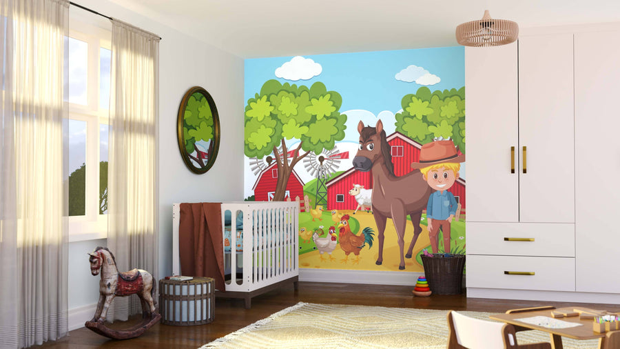 A nursery features the "Day on the Farm Wall Mural" with a cartoon boy, brown horse, chickens, and red barns. The room includes a crib, wicker basket, rocking horse, toys, white wardrobe, curtains, and a round mirror.