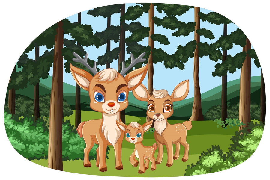 Bright, cozy nursery with wooden floors, crib, toys, and a rocking horse. The focal wall displays the Deer Family Wall Mural featuring three cartoon deer in a forest. Sheer curtains filter soft light; baskets and mirror sit beside a pendant lamp.