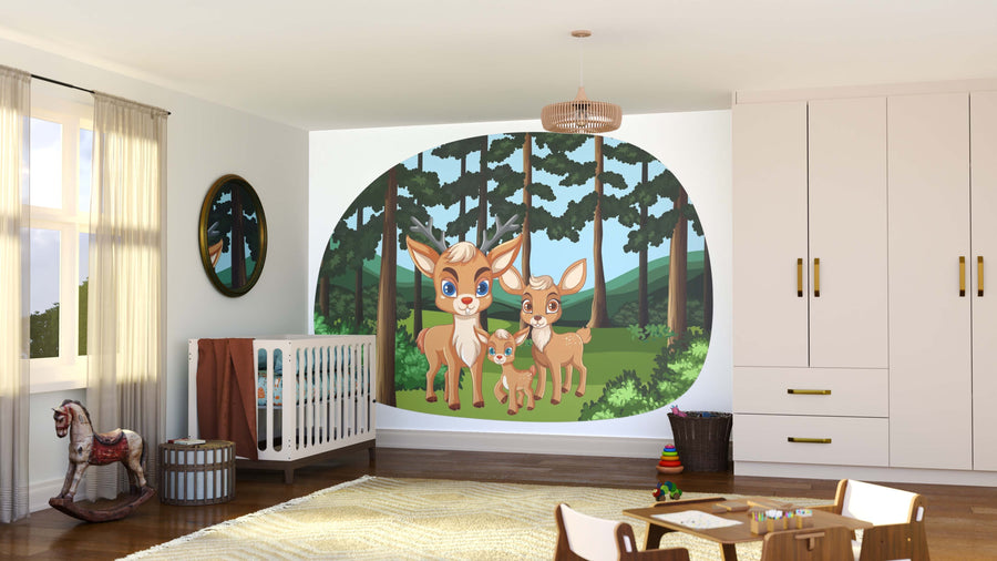 Bright, cozy nursery with wooden floors, crib, toys, and a rocking horse. The focal wall displays the Deer Family Wall Mural featuring three cartoon deer in a forest. Sheer curtains filter soft light; baskets and mirror sit beside a pendant lamp.
