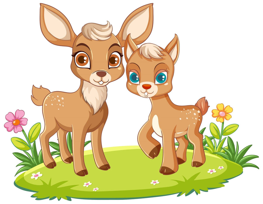 A bright nursery features a crib, rocking horse, and the Deer Friends Wall Mural showing two cartoon deer on grass with flowers. A wooden floor, woven rug, toys, and white wardrobe create a cozy, playful atmosphere.
