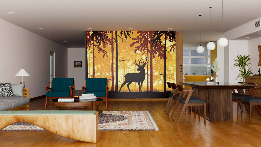 A modern living and dining area with wooden floors and mid-century furniture features the Deer with Antlers Wall Mural as a focal point. Pendant lights hang above the dining table, and a kitchen is visible in the background.