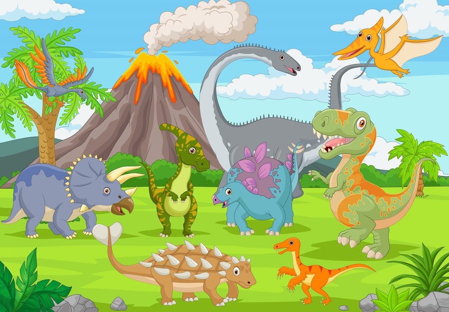 A nursery features the Dino Adventure Wall Mural, a colorful peel and stick design with cartoon dinosaurs, volcanoes, and palm trees under a blue sky, along with a crib, white dresser, plants, and shelves holding toys and books.