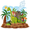 Four children ride a cheerful green dinosaur with yellow spots in a sunny tropical scene, complete with palm trees, bushes, and a volcano—perfect for playroom decor. Add fun to any space with the Nursery 24 Wall Mural as custom wall art or removable wallpaper.