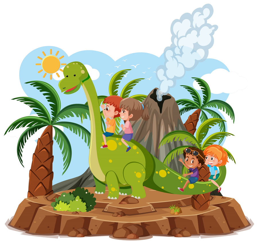 A bright nursery features a crib, rocking horse, and toys. The "Dino Adventure Ride Wall Mural" showing children on a green dinosaur by a volcano adds charm, while sunlight streams through large windows with white curtains.