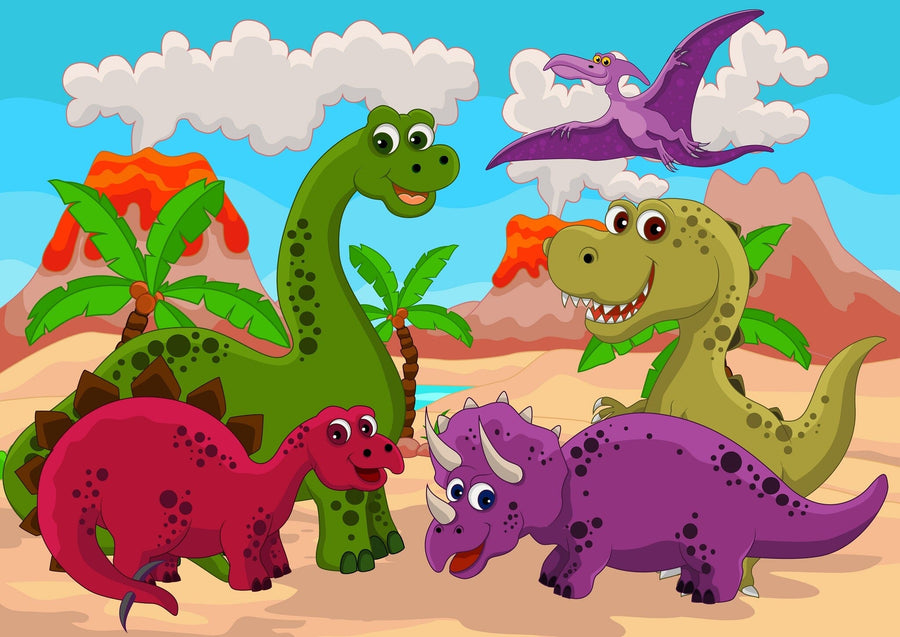 A nursery showcases the Dino Buddies Wall Mural with smiling dinosaurs behind a white crib, plus a modern white dresser, wooden shelves with toys and books, a green plant, and a soft rug on wood flooring.