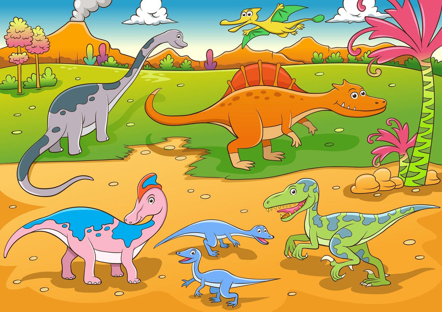 A nursery with a white crib, dresser topped with baby items, wooden floors, and shelves with pictures and toys displays the Dino Day Out Wall Mural—colorful cartoon dinosaurs and plants—plus a green plant in the corner.