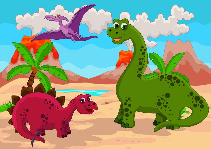 A nursery with a white crib and dresser features the Dino Day in Lava Land Wall Mural, a peel and stick design with a cartoon green dinosaur and purple pterodactyl. Wood floors, plants, and decor-filled shelves complete the cozy space.