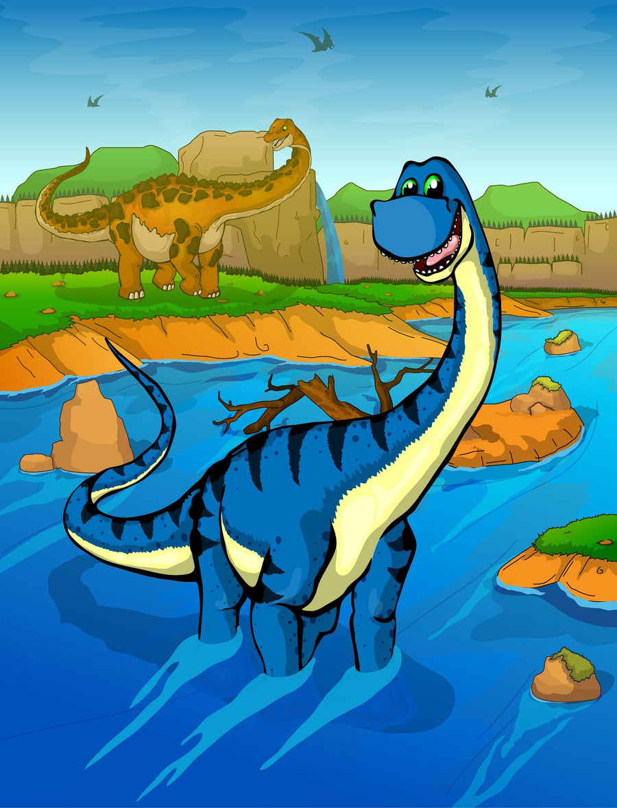 A nursery with a crib, toys, and soft furnishings features the Dino Dip Wall Mural: cheerful cartoon dinosaurs by a river amid hills and blue sky. Light filters in through sheer curtains on the window.