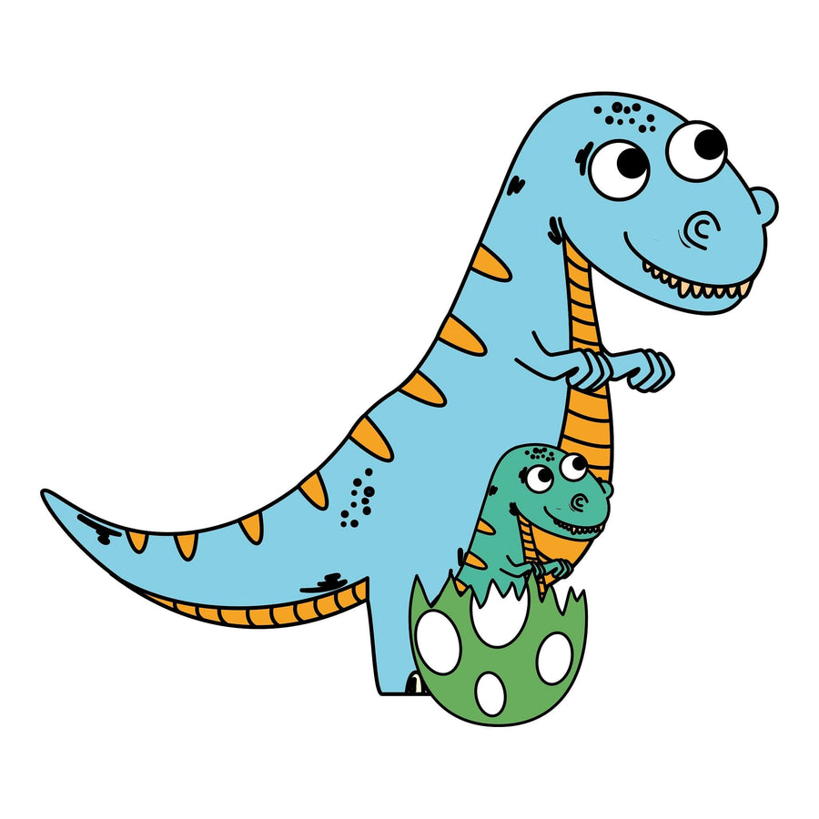 A bright nursery showcases the Dino Duo Wall Mural with cheerful blue and green dinosaurs. The space includes a white crib, circular mirror, rocking horse, baskets, built-in cabinets, and gentle light through sheer-curtained windows.