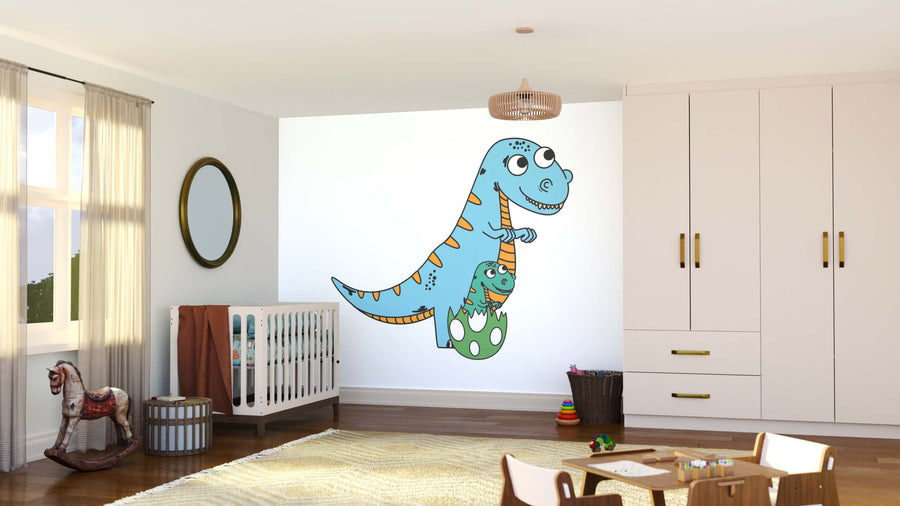 A bright nursery showcases the Dino Duo Wall Mural with cheerful blue and green dinosaurs. The space includes a white crib, circular mirror, rocking horse, baskets, built-in cabinets, and gentle light through sheer-curtained windows.