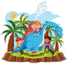 Four happy kids play with a big blue dinosaur among palm trees in the Nursery 25 Wall Mural; two ride its back, one hugs its tail, and another stands nearby in this sunny peel and stick prehistoric scene with smoky volcanoes.