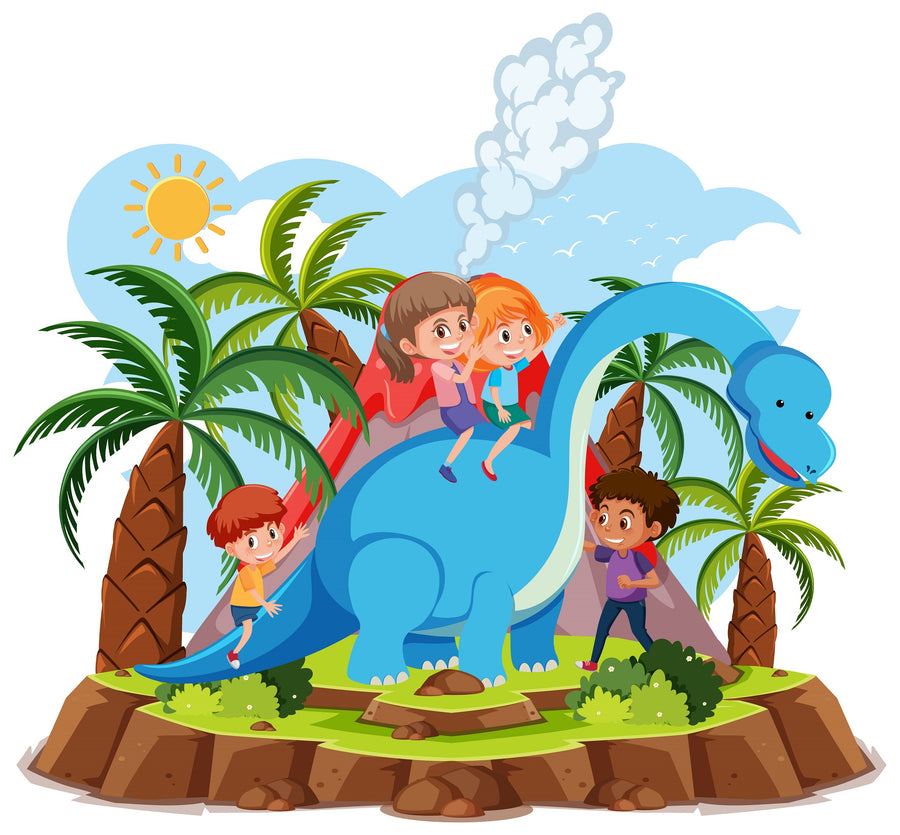 A bright, tidy kids’ room features the Dino Fun Wall Mural showing four children riding a blue dinosaur among palm trees. A crib, wooden rocking horse, toys, baskets, and a cozy rug fill the space as sunlight streams through blue curtains.