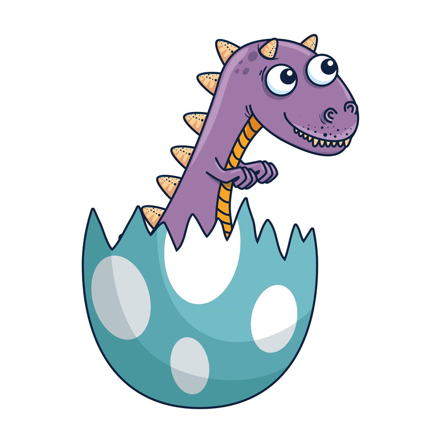 A bright, modern nursery features the Dino Hatchling Wall Mural—a large peel and stick mural of a smiling purple cartoon dinosaur emerging from a blue egg—plus a crib, toy horse, round mirror, wicker basket, closet, and window with sheer curtains.