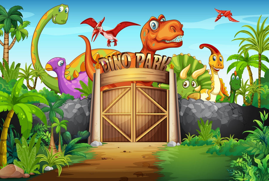 A cheerful kids' room showcases the Dino Park Wall Mural, a large, colorful peel-and-stick mural with cartoon dinosaurs and a "Dino Park" gate. The space includes a crib, rocking horse, mirror, toys, white furniture, and beige curtains with sunlight.