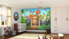 A cheerful kids' room showcases the Dino Park Wall Mural, a large, colorful peel-and-stick mural with cartoon dinosaurs and a "Dino Park" gate. The space includes a crib, rocking horse, mirror, toys, white furniture, and beige curtains with sunlight.