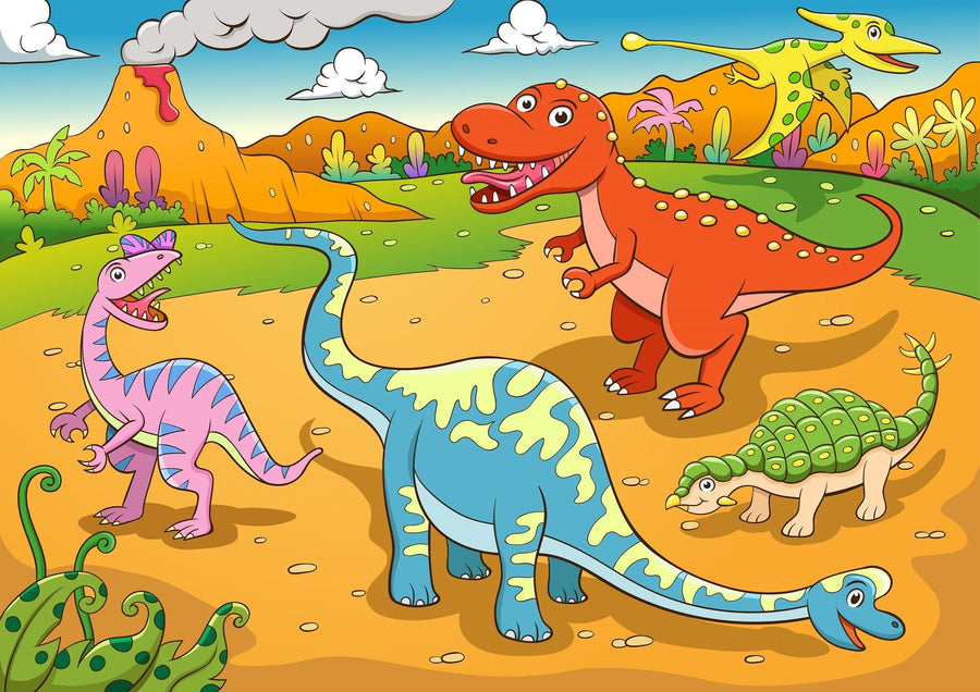 A nursery with a crib, dresser, and plants features the Dino Playground Wall Mural—a vibrant peel and stick design of colorful dinosaurs, including a red T. rex, blue long-neck, pink dino, and green turtle among volcanoes and palm trees.