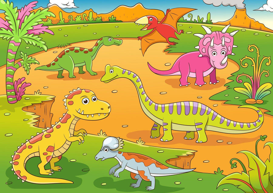 A bright nursery features the Dino Playland Wall Mural with colorful cartoon dinosaurs on an orange backdrop. A white crib, dresser, plant, and wooden floor complete the cheerful look. This peel and stick mural adds playful charm to any room.