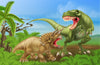 In the Robot T-Rex Wall Mural, a green T. rex and brown Triceratops face off in lush vegetation. The T. rex roars, showing sharp teeth, while the Triceratops bellows back with pointed horns. Palm trees and a clear blue sky complete this peel-and-stick wall mural scene.