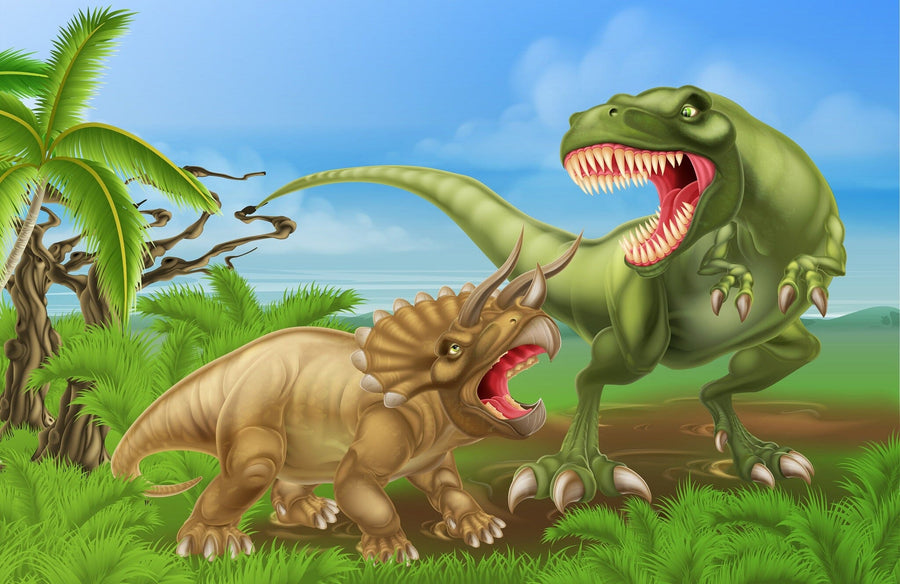In the Robot T-Rex Wall Mural, a green T. rex and brown Triceratops face off in lush vegetation. The T. rex roars, showing sharp teeth, while the Triceratops bellows back with pointed horns. Palm trees and a clear blue sky complete this peel-and-stick wall mural scene.