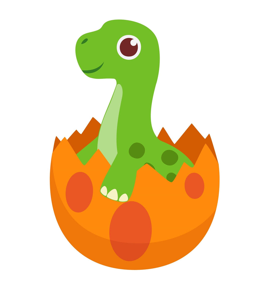 A nursery room with a crib, toy horse, storage basket, soft rug, toys, window with curtains, white cabinets with gold handles, and a large Dinosaur Egg Wall Mural featuring a smiling green cartoon dinosaur hatching from an orange egg.