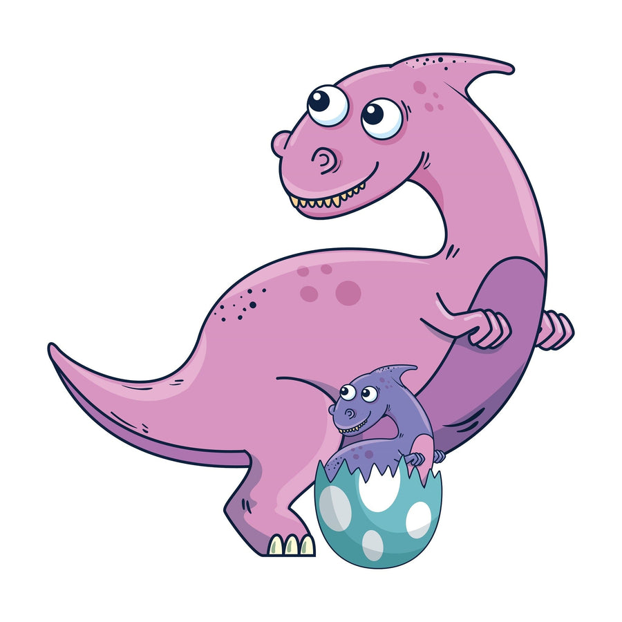 A bright nursery with white walls and wood floors features the playful Dinosaur Family Wall Mural showing a smiling pink dinosaur with a hatching baby. A white crib, wardrobe, mirror, rocking horse, and toys complete the cozy space.