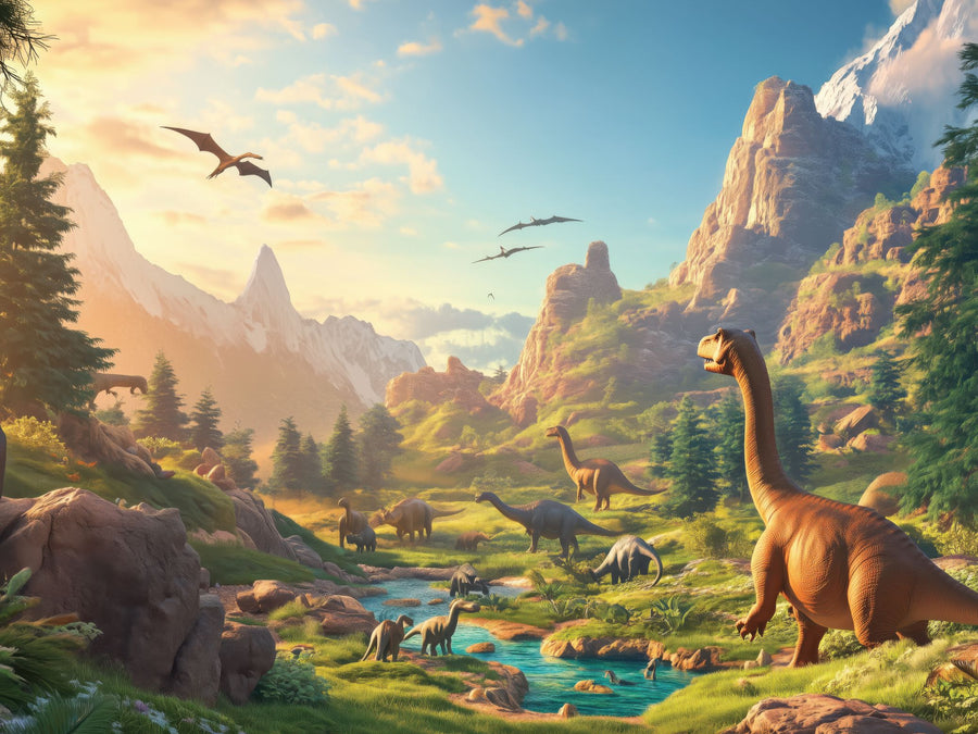 A nursery with a white crib, dresser, and rug features the Dinosaur Kingdom Wall Mural showcasing a vibrant prehistoric scene. Shelves hold decor, framed photos, a plant, and a turtle plush toy for cozy finishing touches.