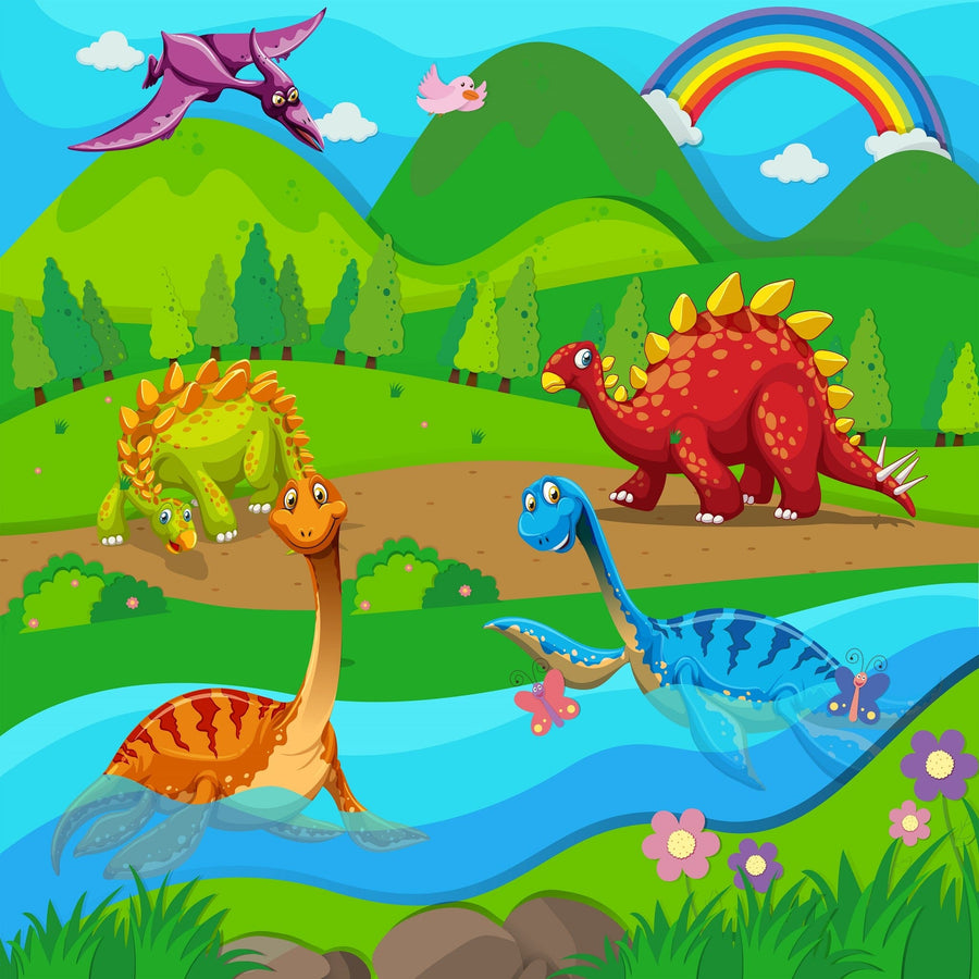 A bright nursery features a crib and the Dinosaur Paradise Wall Mural, showcasing cartoon dinosaurs, hills, a rainbow, and blue river. The room includes a round mirror, curtained window, woven lamp, changing table, and toy-filled storage baskets.